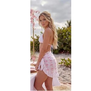 <b>Pink</b> Bow Cover up Sarong <b>Wrap</b> Skirt Ruffled Bachelorette Outfits for Bride Sheer Mesh Bridal Swimsuit Bathing Suit - Product Image 2