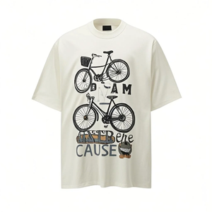 Camiseta de Hombre Color Crema, Manga Corta, Cuello Redondo, Diseño de Bicicleta Estampado, Corte Regular Informal, 100% Algodón Jersey - Product Image 1