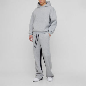 Ensemble survêtement gris à capuche pour homme, sweat-shirt et pantalon en coton de couleur unie, coupe décontractée avec poches latérales - Product Image 1