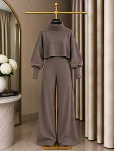 Women’s Two Piece Wide Leg Pants Set <b>Cropped</b> <b>Turtleneck</b> Puff Sleeve <b>Top</b> Elegant Casual Autumn Winter Outfit - Product Image 2