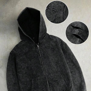 Sweat-shirt à capuche zippé pour homme, délavé à l'acide, coupe ample, style streetwear, épaules tombantes - Product Image 1