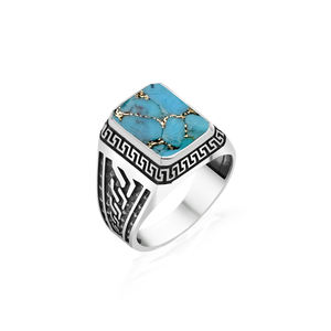 Bagues Chevalières Bohèmes pour Hommes en Argent Sterling 925, Serties de Turquoise Cuivrée Bleue Naturelle, Faite à la Main, Vente en Gros Usine - Product Image 1
