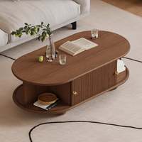 Table basse ovale moderne en noyer massif rainuré avec rangement pour salon, table centrale élégante pour la zone canapé, mobilier de maison