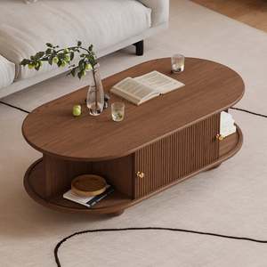 Modern Oval <b>Walnut</b> Solid Wood Fluted <b>Coffee</b> <b>Table</b> With Storage For Living Room Sofa Area Stylish Centre <b>Table</b> Home Furniture - Product Image 4