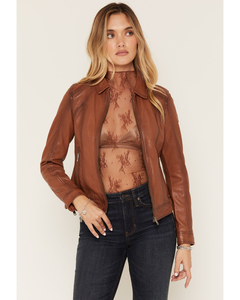 Chaqueta de cuero marrón para mujer, estilo motociclista, ajustada, suave, con cremallera, de cuero genuino, a la moda, al por mayor - Product Image 2