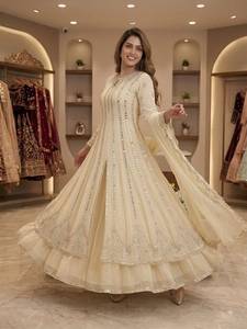 Cream Embroidered Anarkali Evening <b>Dress</b> Long Sleeve Maxi Party Wear Women - Product Image 1