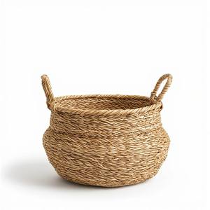 Grand panier rond en jonc de mer tressé avec poignées, structure durable et flexible pour le rangement dans la cuisine, la salle de bain et le salon - Product Image 3