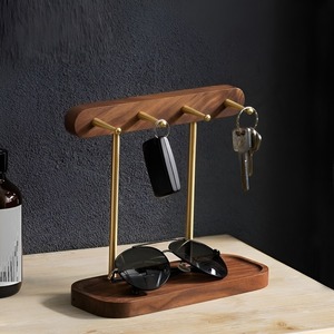 Luxury Black Walnut Wood Key Holder with Brass Hook Creative Home Decor <b>Storage</b> Rack <b>Tray</b> for Housewarming Gift - Product Image 1