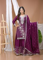 Ensemble ethnique haut de gamme Chinon avec broderie à sequins et fils multiples, comprenant un haut, un Sharara de 38 pouces à taille élastique et un Dupatta de 2,2 mètres, idéal pour les fêtes.