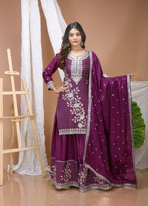 Ensemble ethnique pour femme : haut brodé chinon de qualité supérieure avec travail multi-fils, sharara de 38 pouces à taille élastique et dupatta de 2,2 mètres - Product Image 5