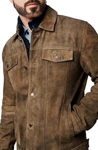 <b>Men's</b> Vintage <b>Suede</b> Leather Trucker <b>Jacket</b> Turn-down Collar Workwear Style Autumn Solid Color Button Closure Regular Fit - Product Image 2