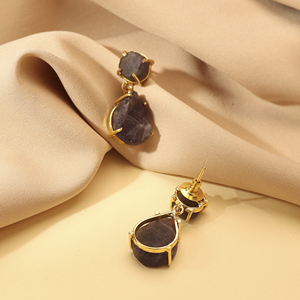 Boucles d'oreilles pendantes en améthyste plaquées or pour femme, style bohème vintage, bijoux en pierre naturelle sertie griffe, forme goutte d'eau, cadeau - Product Image 2