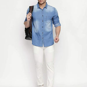 Chemise en jean unie style vintage pour homme avec boutons en corne, délavage clair, poches poitrine simples, confortable, respirante, séchage rapide - Product Image 1