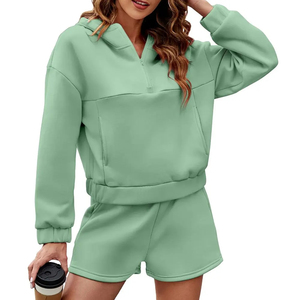 Custom Logo Short Hoodie Set Women Casual Sets Ladies Sportswear 2 Piece Plus Size Shorts and Hoodie Set - Product Image 1