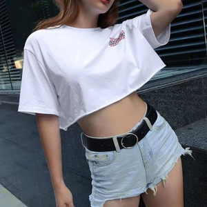 Camiseta Corta Blanca para Mujer, Manga Corta, Cuello Redondo, Logotipo Bordado, Corte Holgado, Informal, Primavera Verano, 100% Algodón Jersey - Product Image 1
