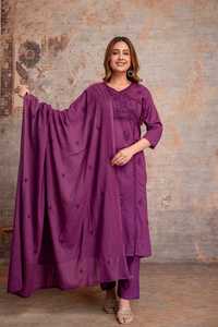 Conjunto de traje Salwar morado de algodón hasta la rodilla con bordado y dupatta, ropa étnica tradicional para mujer, estilo informal de India y Pakistán - Product Image 3