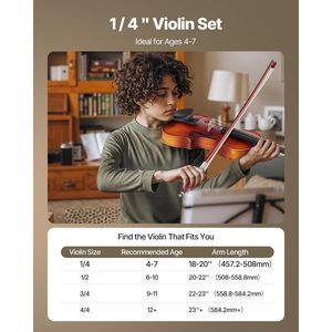 Set de Violín Tamaño 1/4 para Principiantes, con Estuche Rígido, Resina, Arco, Soporte para Hombro, Puente y Afinador - para Estudiantes y Novatos - Product Image 4