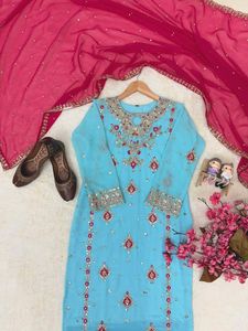 Ensemble Kurti Designer en Georgette avec Perles, Haut Entièrement Cousu 44 Pouces, Taille Unique, Palazzo 2M, Dupatta Grande Taille du M au XXXL, Prêt-à-porter - Product Image 6