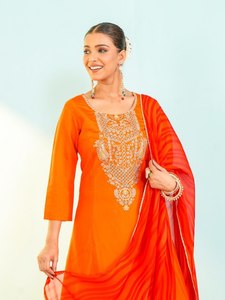 NOIIR PIGEON <b>Womens</b> Heavy Viscose Silk Embroidered Wrinkle-Free Traditional Flared <b>Kurta</b> Pant & Printed Georgette Dupatta Set - Product Image 5