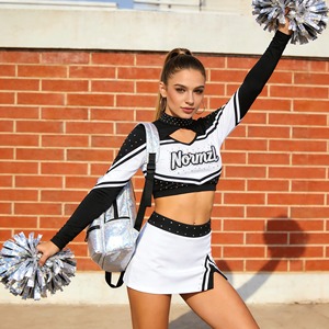 Custom Cheerleading Uniform Set White <b>Black</b> Spandex Polyester Rhinestone <b>Glitter</b> Print Skirt Style for Adults Competition Wear - Product Image 1