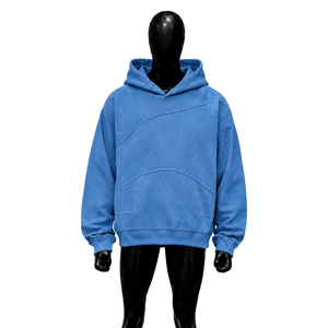 Custom Blue Washed <b>Oversized</b> <b>Hoodie</b> <b>Men</b> Streetwear Pullover With Curved Seam Design Drop Shoulder Vintage Casual Hooded Styles - Product Image 1