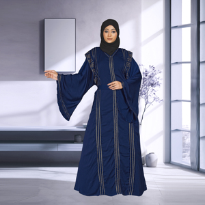 Nida Modest Islamic <b>Eid</b> Abaya V Neck Decorative Vertical Embellished Panels Adjustable Waist Tie Flowy Sleeve Floor Length Party - Product Image 4