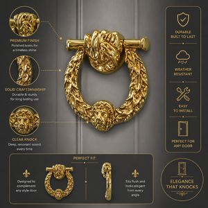 Timbre de puerta de lujo con cabeza de león, acabado en oro pulido, herraje decorativo para puerta de entrada, elegante adorno para el hogar y la villa. - Product Image 5