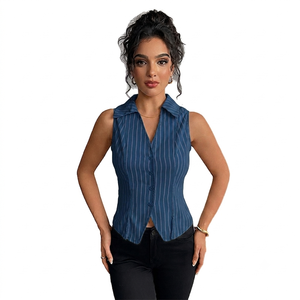 OEM 2026 Spring Slim Short <b>Cardigan</b> Top Women New European American Style Striped Sleeveless Shirt Collar Button 100% Polyester - Product Image 5