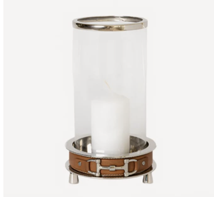 Equestrian Inspired Metal Glass <b>Hurricane</b> Candle Holder with Horse Bit Strap Detail Decorative Tabletop Home Décor <b>Lantern</b> - Product Image 1