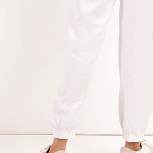 <b>White</b> Women's <b>Harem</b> <b>Pants</b> Mid Waist Drawstring Casual Loose Fit Full Length Cotton Solid Color With Pockets Right Leg Logo - Product Image 2