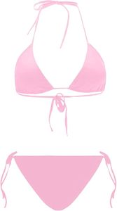 Custom Women's Hot Pink <b>Bikini</b> Set Solid Color Halter Neck Tie Side Bottom Swimwear Stretch Knitted Two Piece Beachwear - Product Image 4