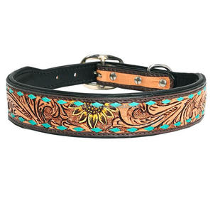 Collier de chien en cuir usiné à la main à motifs floraux pour animaux de compagnie Accessoire réglable rembourré en cuir véritable pour ceinture de cou - Product Image 2