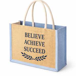 Bolsa de Mano Bicolor Beige Natural y Azul Claro con Asas de Juco, Cierre Adicional, Ecológica, de Yute, Algodón y Estampado - Product Image 1