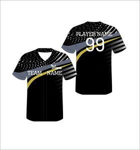 Camiseta de Béisbol Sublimada Personalizada en Negro, Blanco y Dorado, Uniforme de Equipo con Botones para Hombre, Camisa Deportiva que Absorbe la Humedad - Product Image 1