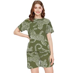 Trendy Stylish Green Animal Print <b>Lounge</b> <b>Set</b> Women's Short Sleeve Top and Shorts For Women Printed Co-ord Nightwear Outfit - Product Image 5