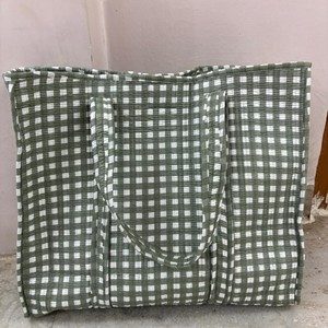 Green <b>Checkered</b> Cotton Tote Bag Open <b>Top</b> Handmade Quilted Style for Shopping - Product Image 1