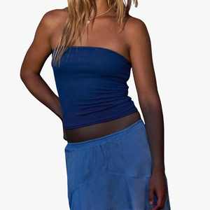 Women's Strapless Tube Top <b>Set</b> Blue Knitted Two Piece Full Length Solid Color Breathable Spandex Polyester Regular Fit Maxi <b>Sets</b> - Product Image 3