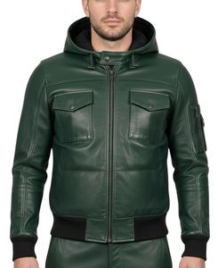 Men's Green Hooded Leather Moto <b>Jacket</b> with Snap Pockets and Zip Closure Regular Fit Winter Style - Product Image 1