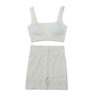 Women 2 Piece Yoga Set Seamless Crop Top High Waist Shorts Solid White Ribbed Spaghetti Strap Sleeveless Sportswear - Product Image 1