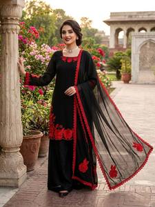 Salwar Kameez noir brodé de fleurs, tenue traditionnelle indienne pakistanaise pour femmes, séchage rapide, vêtements de fête - Product Image 1