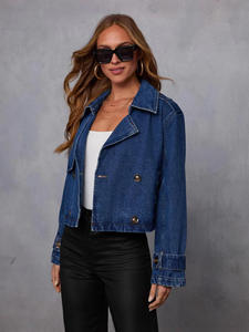 2026 Spring Autumn Stylish Long Sleeve Double Breasted Solid Cropped Denim Motorcycle <b>Jacket</b> for Women - Product Image 6