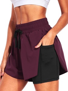 Shorts en tricot couleur prune pour femme, taille haute, cordon de serrage, style sportif, séchage rapide, coupe régulière, motif uni - Product Image 6