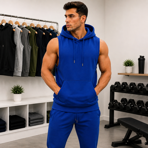 Sweat-shirt à capuche sans manches pour homme, noir, en polaire, décontracté, pour la salle de sport, avec poche, coupe classique, style automne - Product Image 4