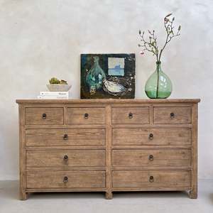 Commode à dix tiroirs en bois d'orme massif récupéré, style rustique et vintage, pour chambre et salon - Product Image 1
