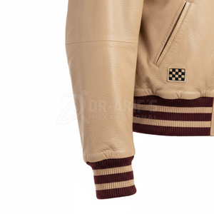 Men's Maroon Beige Varsity <b>Jacket</b> Leather Sleeve Embroidered Letter 27 Preppy Style Regular Fit Autumn Wear - Product Image 4