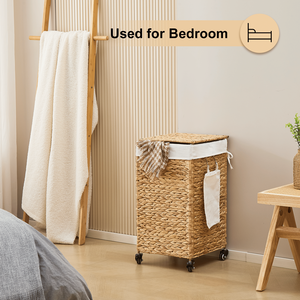 Cesto de Ropa Plegable Tejido con Jacinto de Agua Natural, con Tapa y Ruedas - Product Image 5