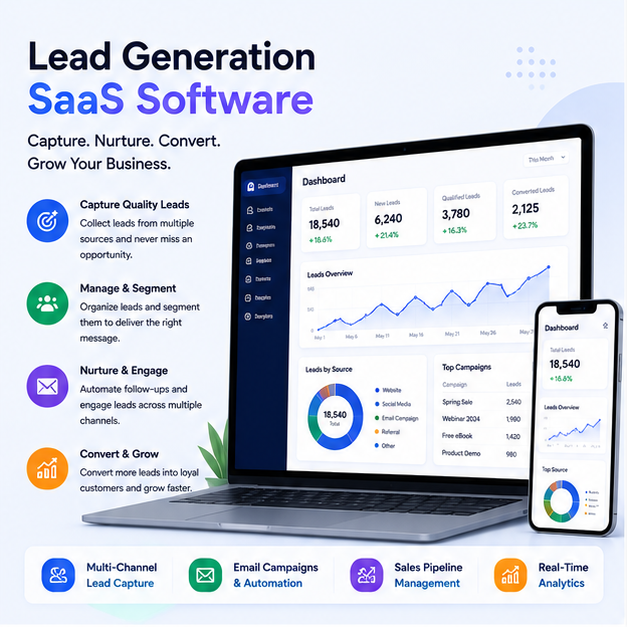 Smart Lead Generation SaaS Platform CRM Automation Real Time Analytics Multi Channel Outreach Cloud Based Solutions Stock