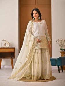 Ensemble élégant de sharara et palazzo en fausse soie georgette lourde, avec haut brodé, doublure en micro-coton et dupatta assortie. - Product Image 1