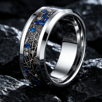 Wolframcarbid-Ring mit Blauem Zerkleinertem Stein und Meteorit-Einlage Polierte Kante Ehering Komfortabler Sitz Verlobungs- und Versprechensschmuck