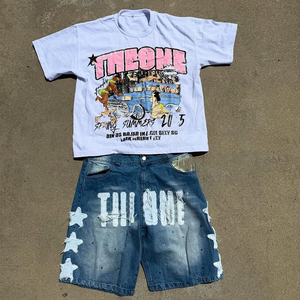 Ensemble débardeur sans manches en jean délavé imprimé sur mesure pour homme, style streetwear vintage, bords bruts, et short en jean décontracté pour l'été 2026 - Product Image 6